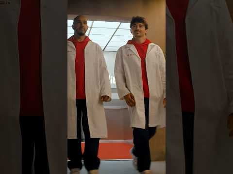 Lewis Hamilton and Charles Leclerc switching race suits for lab coats 🥼